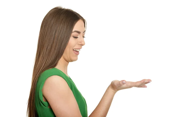 Mulher segurando espaço cópia — Fotografia de Stock