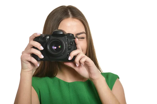 Schöne Frau mit Kamera — Stockfoto