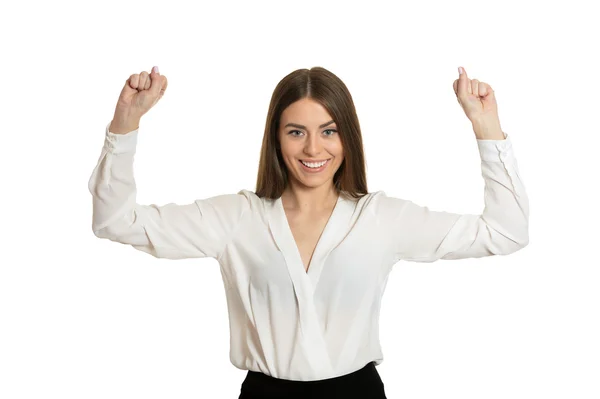 Vrouw gebaren winnaar teken — Stockfoto