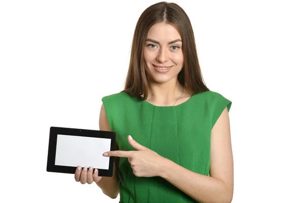 Chica en vestido verde con la tableta de la PC —  Fotos de Stock
