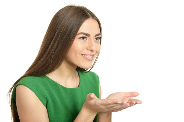 Mulher segurando espaço cópia — Fotografia de Stock