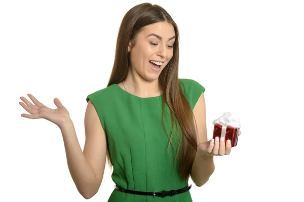 Woman  with small gift box — Stock Photo, Image