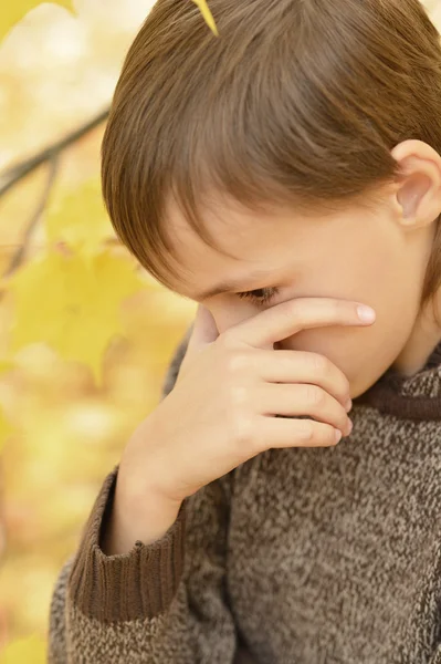 Piccolo ragazzo triste nel parco — Foto Stock