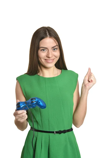 Woman playing video game with joystick — Stock Photo, Image