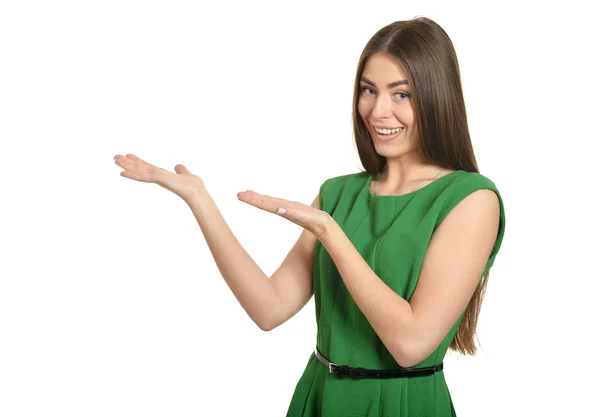 Brunette woman holding copy space — Stock Photo, Image