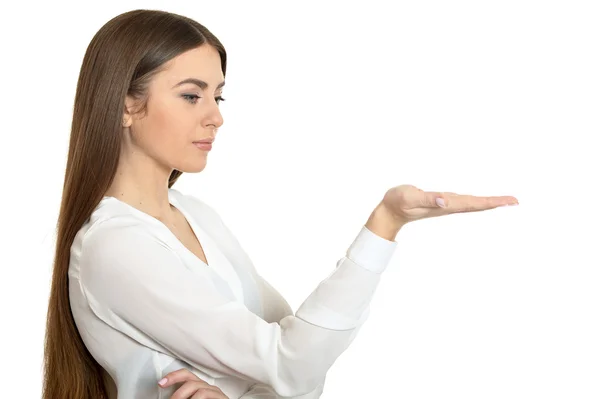 Woman holding copy space — Stock Photo, Image