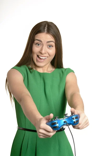 Donna che gioca al videogioco con joystick — Foto Stock