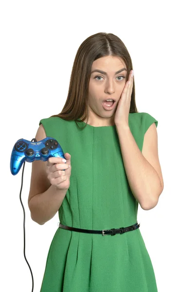 Vrouw afspelen van video game met joystick — Stockfoto