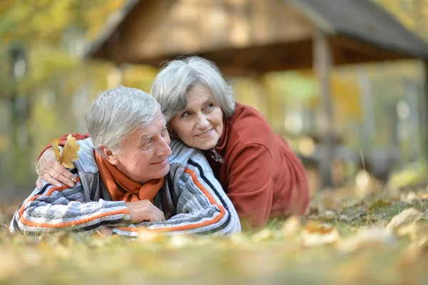 Casal sênior no parque de outono — Fotografia de Stock