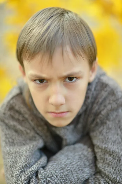 Trochę smutny chłopiec w parku — Zdjęcie stockowe