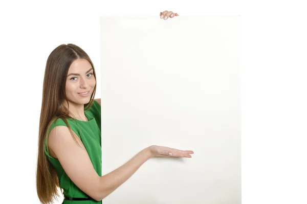 Güzel kadın ve beyaz tabela — Stok fotoğraf