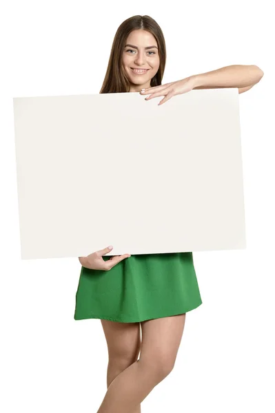 Beautiful woman and white signboard — Stock Photo, Image