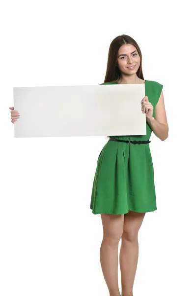 Beautiful woman and white signboard — Stock Photo, Image