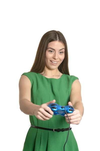 Mooie vrouw met gamepad — Stockfoto