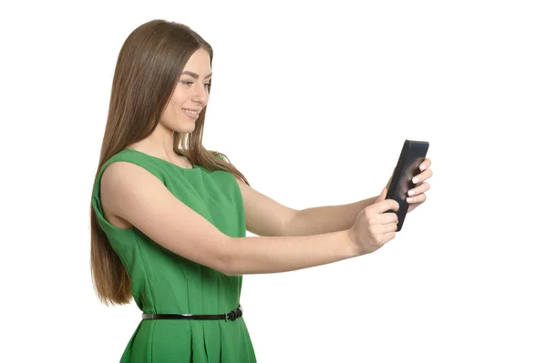 Hermosa chica con la tableta PC — Foto de Stock