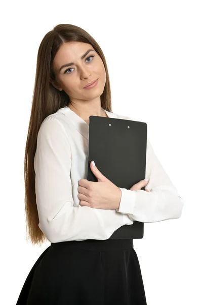 Belle femme avec presse-papiers — Photo