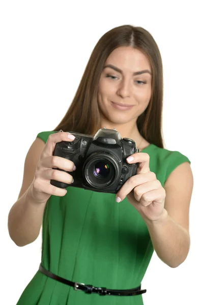 Caucasian woman with camera — Stock Photo, Image