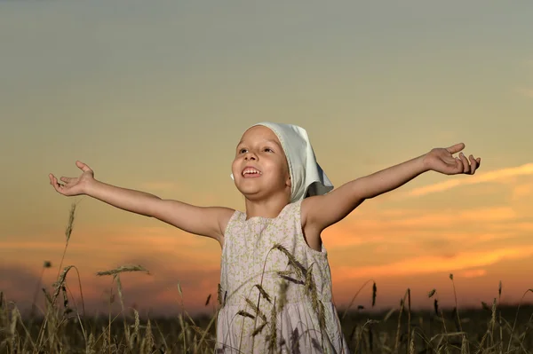 Malá holka inwheat pole — Stock fotografie