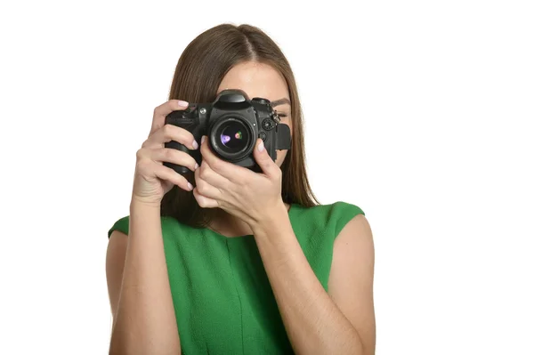 Mulher caucasiana com câmera — Fotografia de Stock