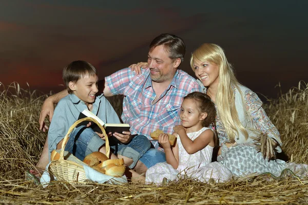 Familie liest Buch im Feld — Stockfoto