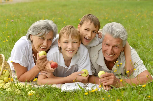 Familia sobre hierba de verano con manzanas — Foto de Stock