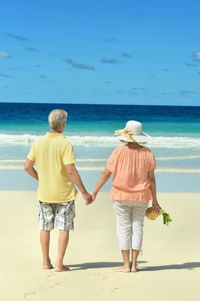 Couple âgé marchant le long du littoral — Photo