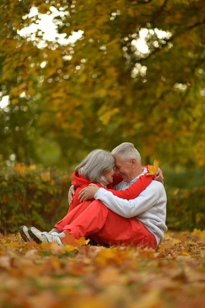 Casal sênior relaxar no parque de outono — Fotografia de Stock