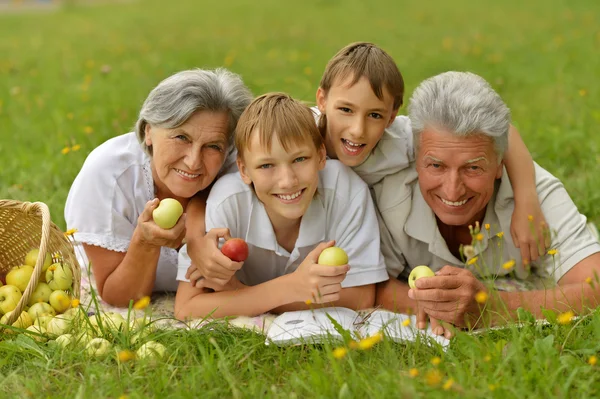 Семья на летней траве с яблоками — стоковое фото