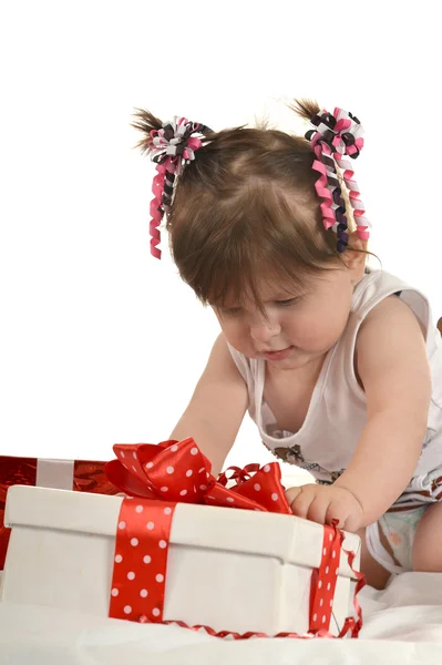 Cute baby girl  with gifts — Stok fotoğraf