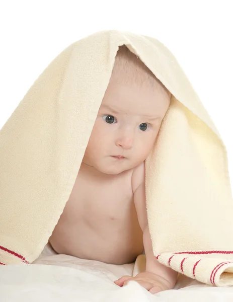 Baby girl lying under blanket — Stock Photo, Image
