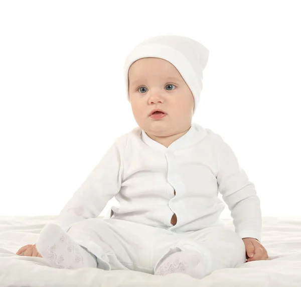 Bébé fille dans chapeau sur blanke — Photo