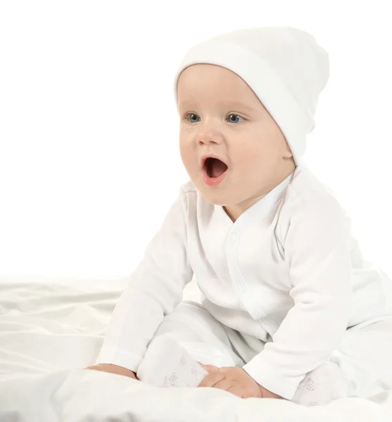 Baby girl  in hat on blanke — Stock Photo, Image