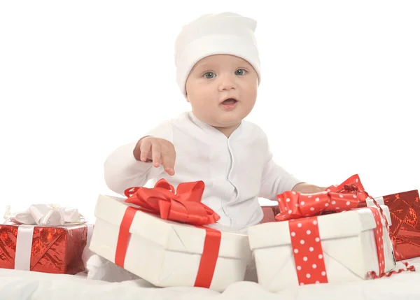 Cute baby girl   with gifts — Stok fotoğraf