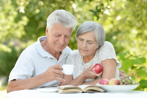 Feliz pareja de ancianos con bebida y libro — Foto de Stock