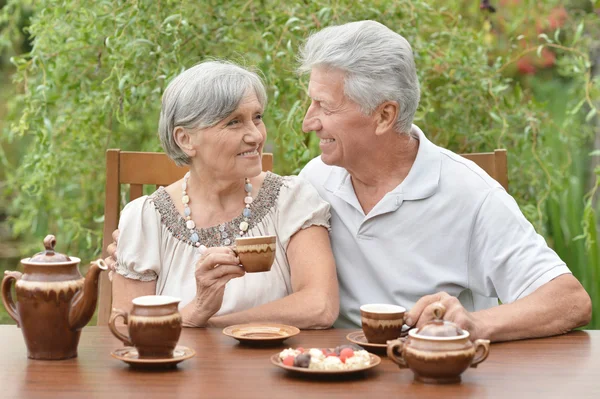 Oudere echtpaar drinken thee — Stockfoto