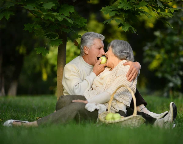 Casal de idosos no parque com maçãs — Fotografia de Stock