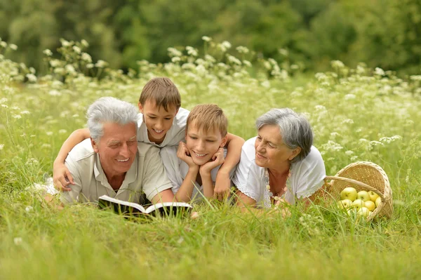 Família com livro na grama de verão — Fotografia de Stock