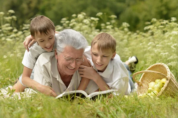 Família com livro na grama de verão — Fotografia de Stock