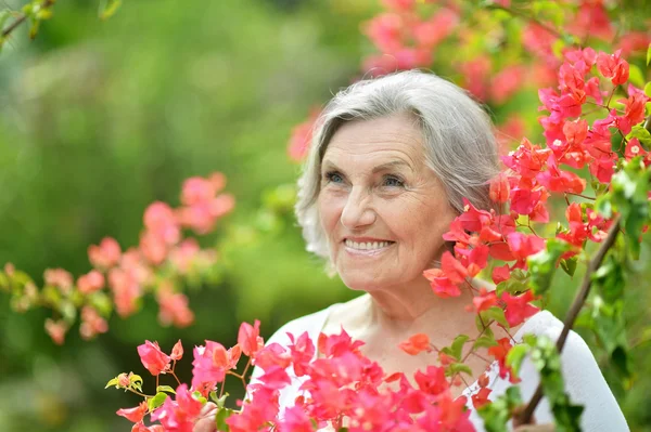 Äldre kvinna med röda blommor — Stockfoto