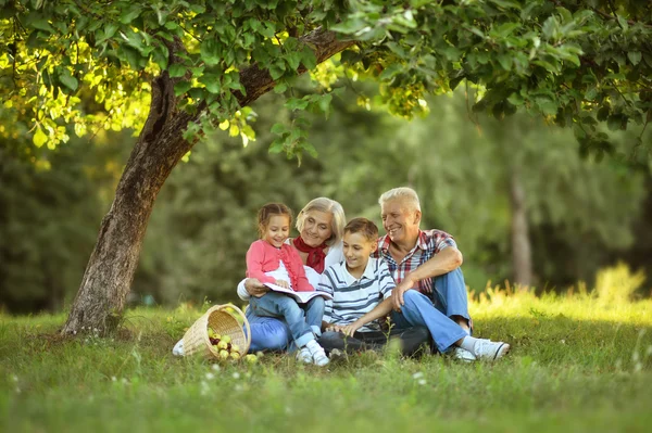 Family  with apples and book in park — Stock Photo, Image