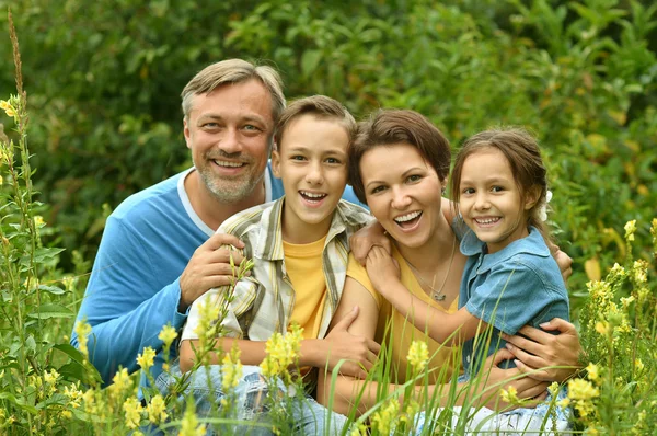 Счастливая семья на цветущем поле — стоковое фото