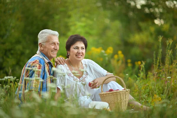 Happy elder couple resting on grass — Stock Photo, Image