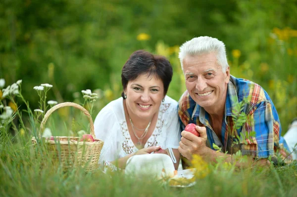 Feliz pareja de ancianos descansando en la hierba — Foto de Stock