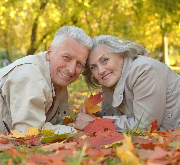 Senior couple at autumn park — Zdjęcie stockowe