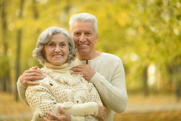 Senior couple at autumn park — Stok fotoğraf
