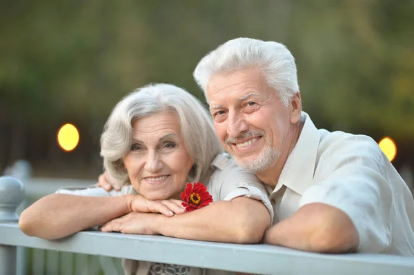 Sorrindo casal velho com flor — Fotografia de Stock