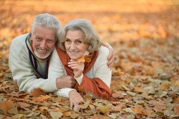 Coppia Senior nel parco autunnale — Foto Stock