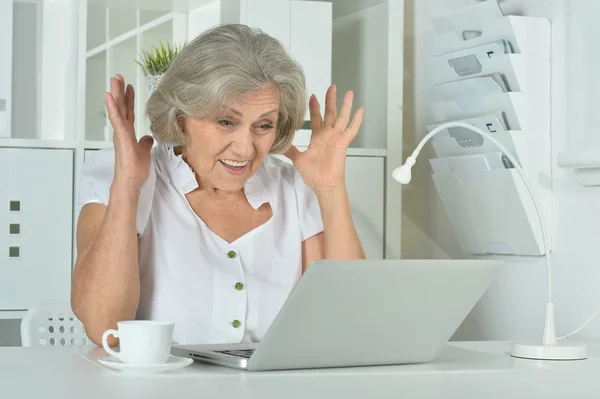 노트북에서 일 하는 노인 여성 — 스톡 사진