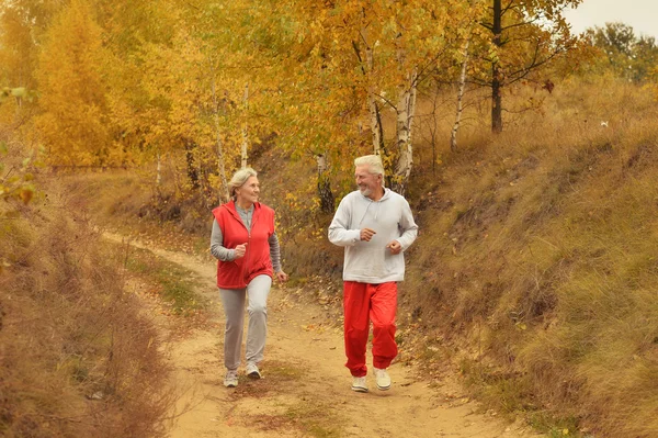 Sénior casal Jogging no parque — Fotografia de Stock