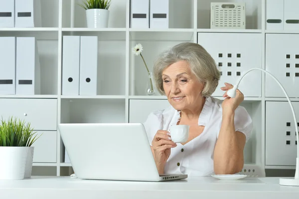 Dizüstü bilgisayarda çalışan yaşlı kadın — Stok fotoğraf